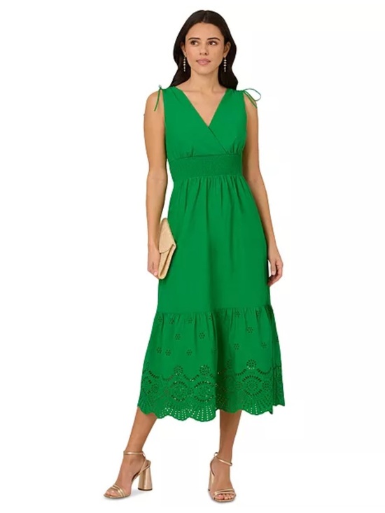 Adrianna Papell Dresses & Skirts - Adrianna Papell Smocked Waist Tie Sleeve Eyelet Cotton Sundress Kelly Green NWT